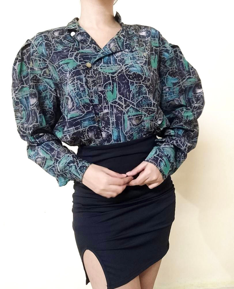 Thumbnail: 80s Victorian Style Puff Sleeve Abstract Vintage Shirt with Shoulder pads
