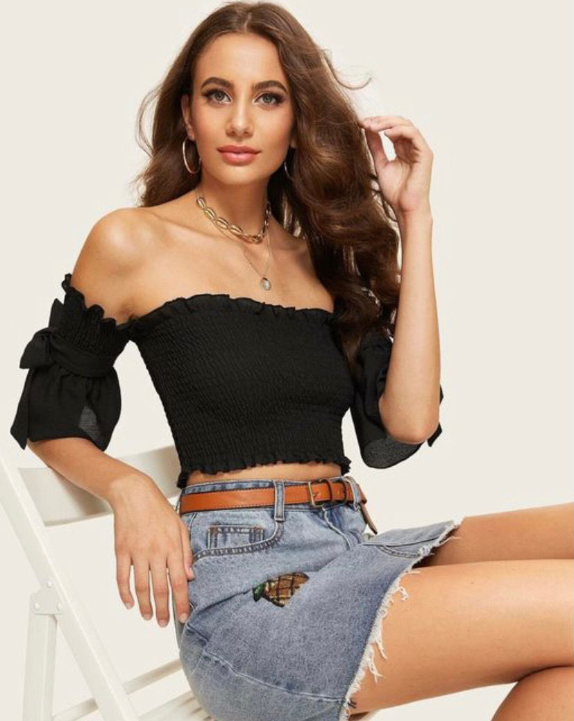 Thumbnail: Smocked Ruched Bardot Sleeve Top