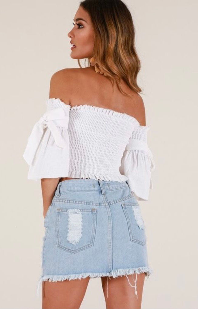 Thumbnail: Smocked Ruched Bardot Sleeve Top