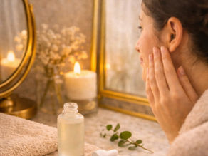 Woman applying skincare at a vanity with a softly glowing candle and mirror.