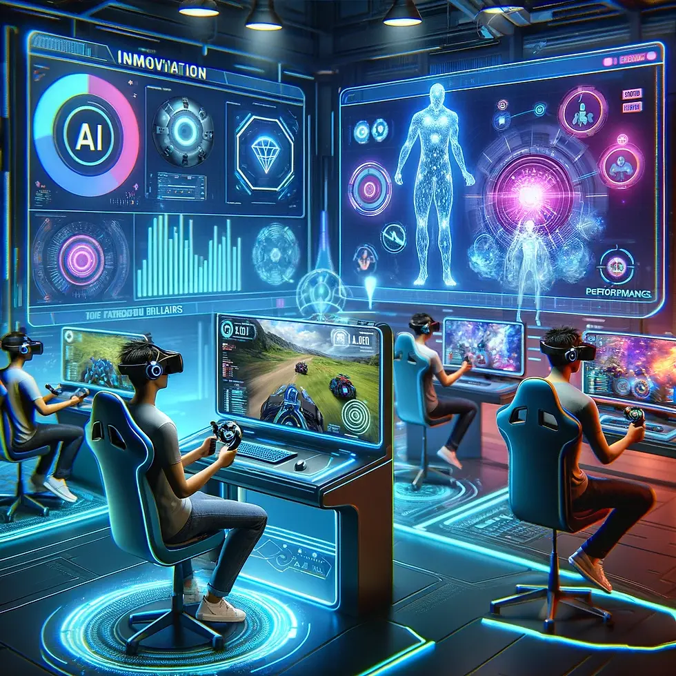 Futuristic gaming environment featuring AI-powered gaming tools with gamers using advanced VR headsets and motion controllers, and holographic displays showing real-time game analytics, performance metrics, and AI-driven recommendations. The environment is vibrant and high-tech with neon lights, sleek gaming stations, and digital elements.