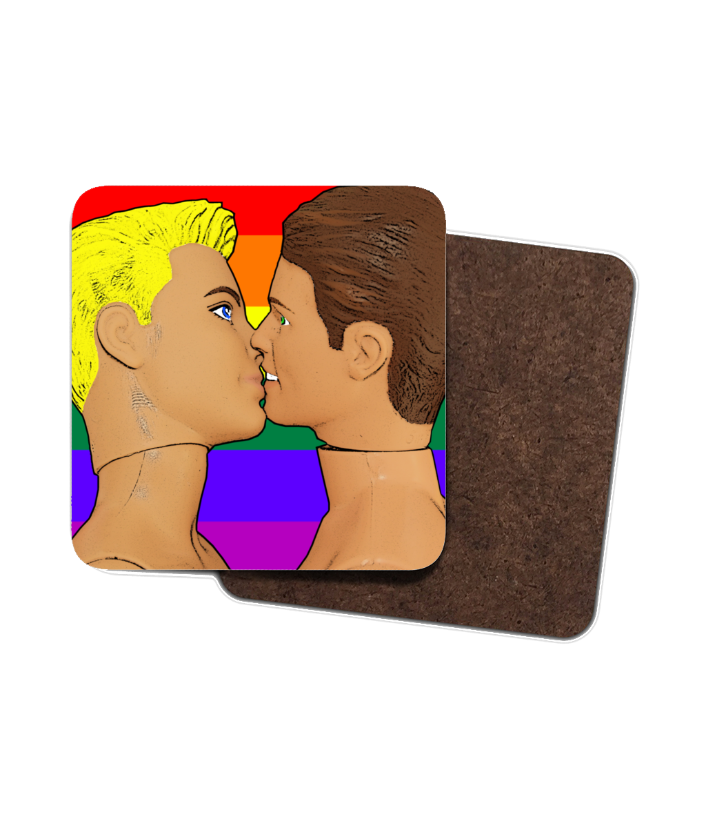 4 x Gay Drinks Coasters, Gay Kiss with Rainbow Flag Background