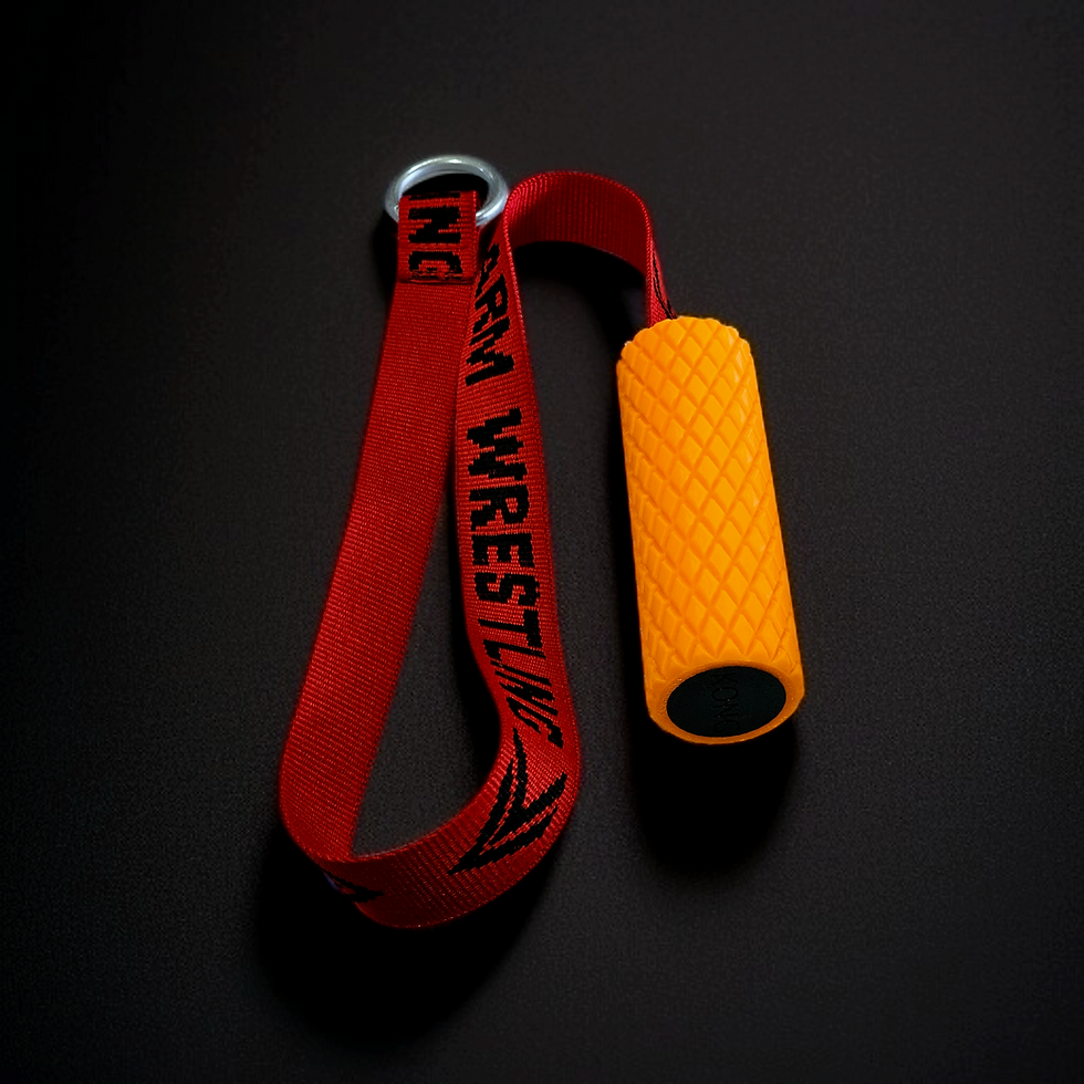 Orange Kong Arm Wrestling grip with red wrist strap