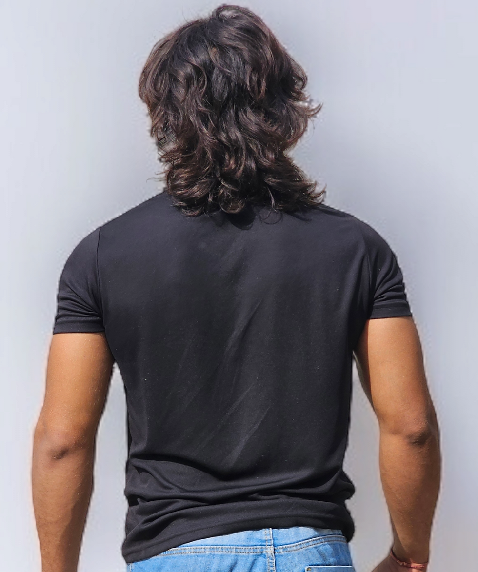 Man in black shirt, rear view