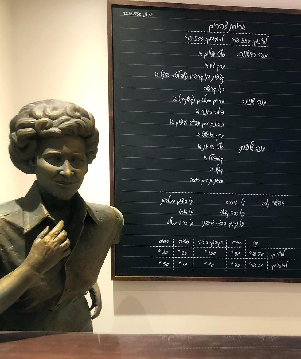 A life-sized statue of a female cafeteria worker in a building that formerly housed Israel's Knesset. The cafeteria's December 22, 1952 menu is written in Hebrew on a rectangular chalkboard behind her.