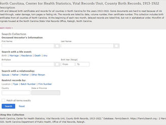North Carolina, Center for Health Statistics, Vital Records Unit, County Birth Records, 1913-1922