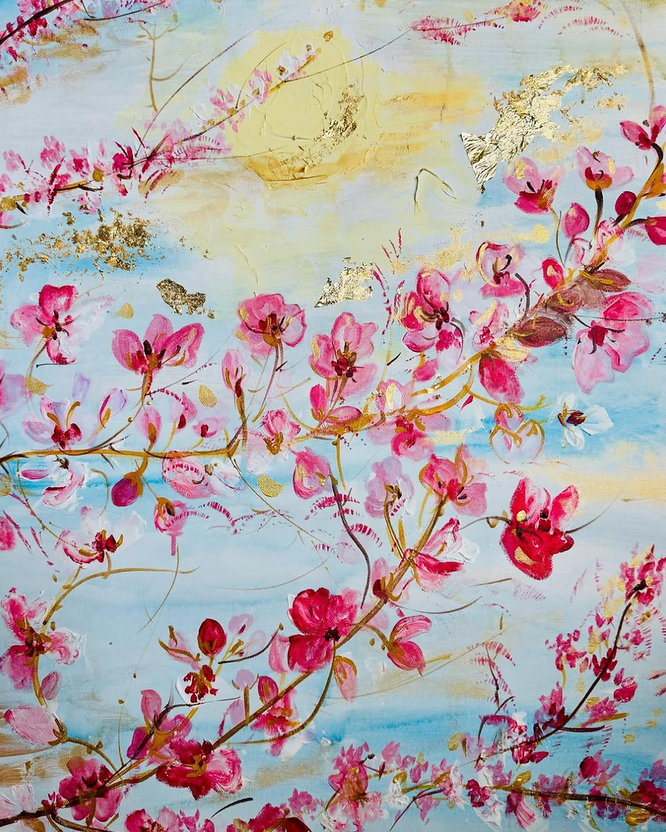 painting of pink and red flowers reaching up toward the blue skies