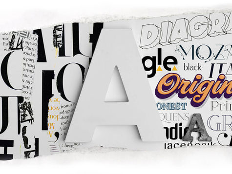 white, black, and orange letters and words in all different fonts with one large white A in the middle