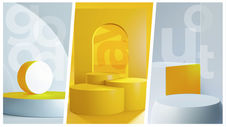 three columns with white, gray, and yellow shapes and letters