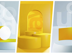 three columns with white, gray, and yellow shapes and letters