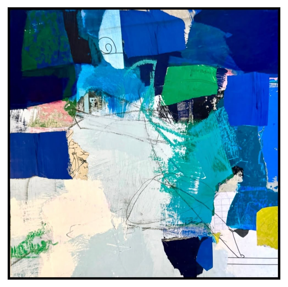 mixed media abstract artwork with blues, white, and greens