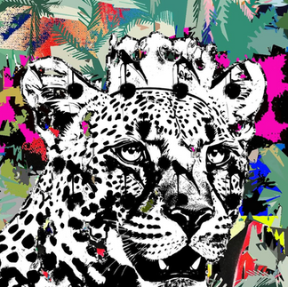 drawing of a cheetah face in black and white and it looks like leaves and greenery all behind it