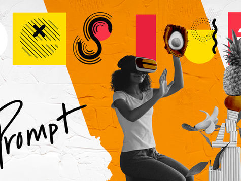 "Design Prompt" with woman in black and white using AI googles and catching an avocado in her hand with a baseball mat