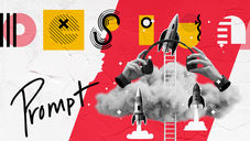 "Design Prompt" rocket ships with a ladder and hands holding headphones