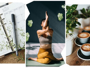 image of 3 images: a calendar, a woman doing yoga, and 3 cappuccinos