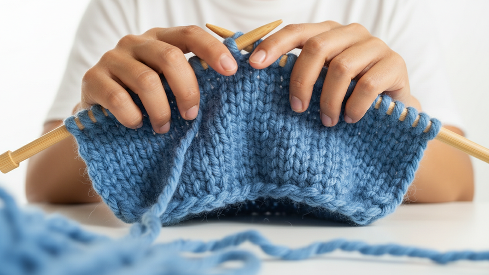 Eye-level view of artisan knitting with natural wool yarn