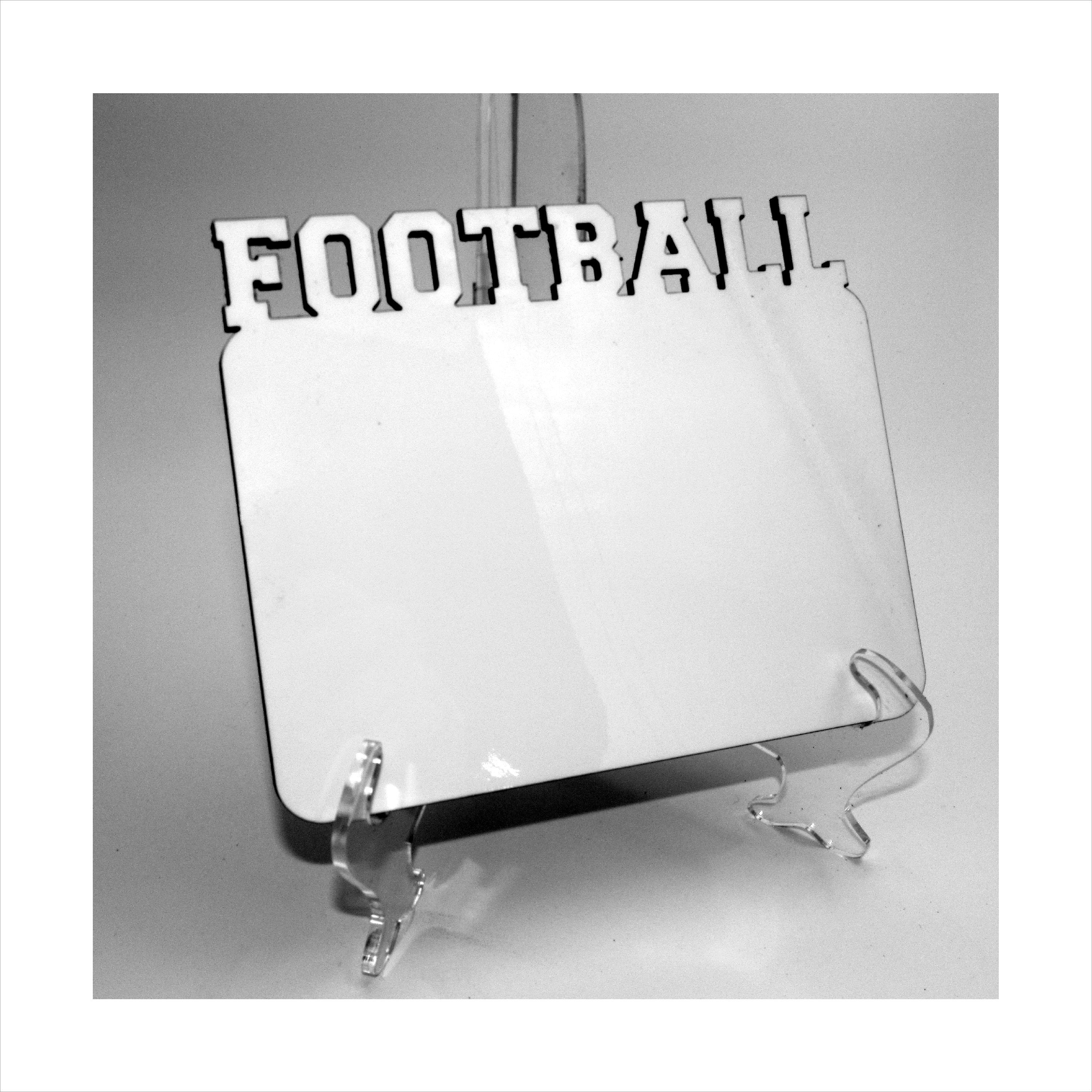Sublimation blanks Picture Frame laser cut across the top are the words FOOBALL