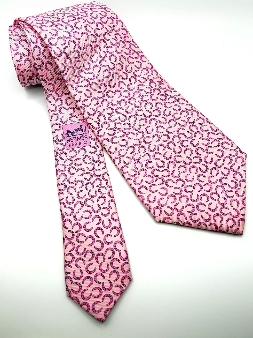 Thumbnail: Pink horseshoe print ring made from vintage Hermes silk tie