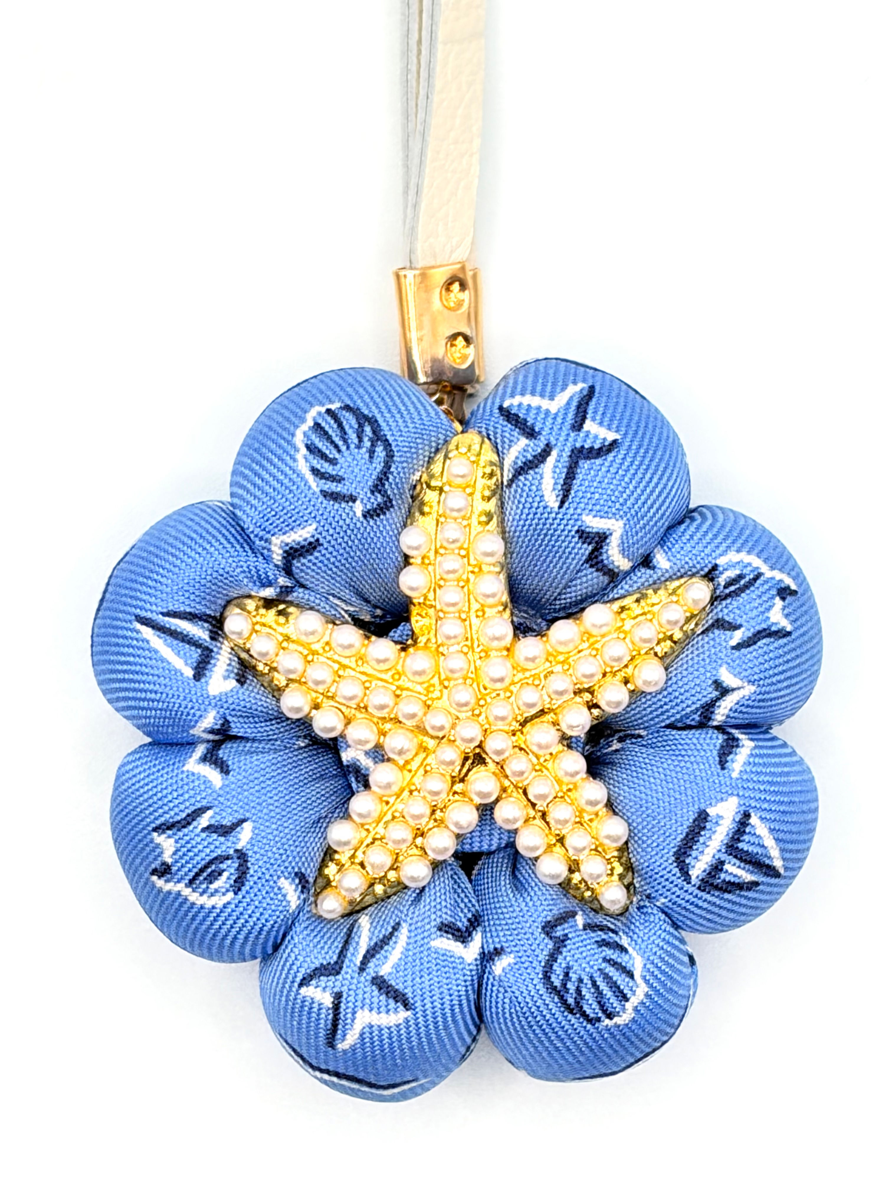 Blue marine print starfish bag charm made from a vintage Hermes silk tie