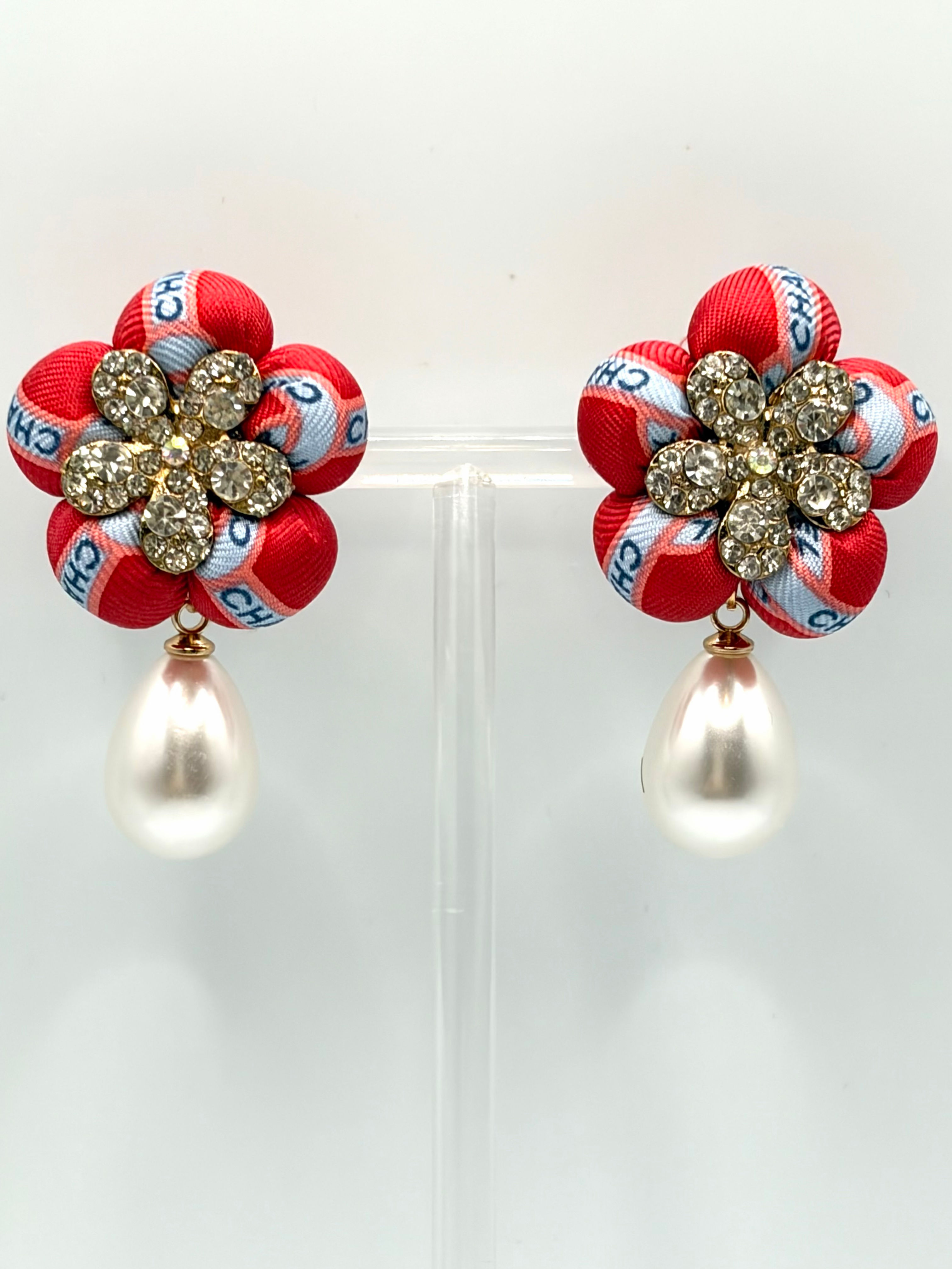 Watermelon Chanel logo earrings with pearls made from vintage Chanel silk tie