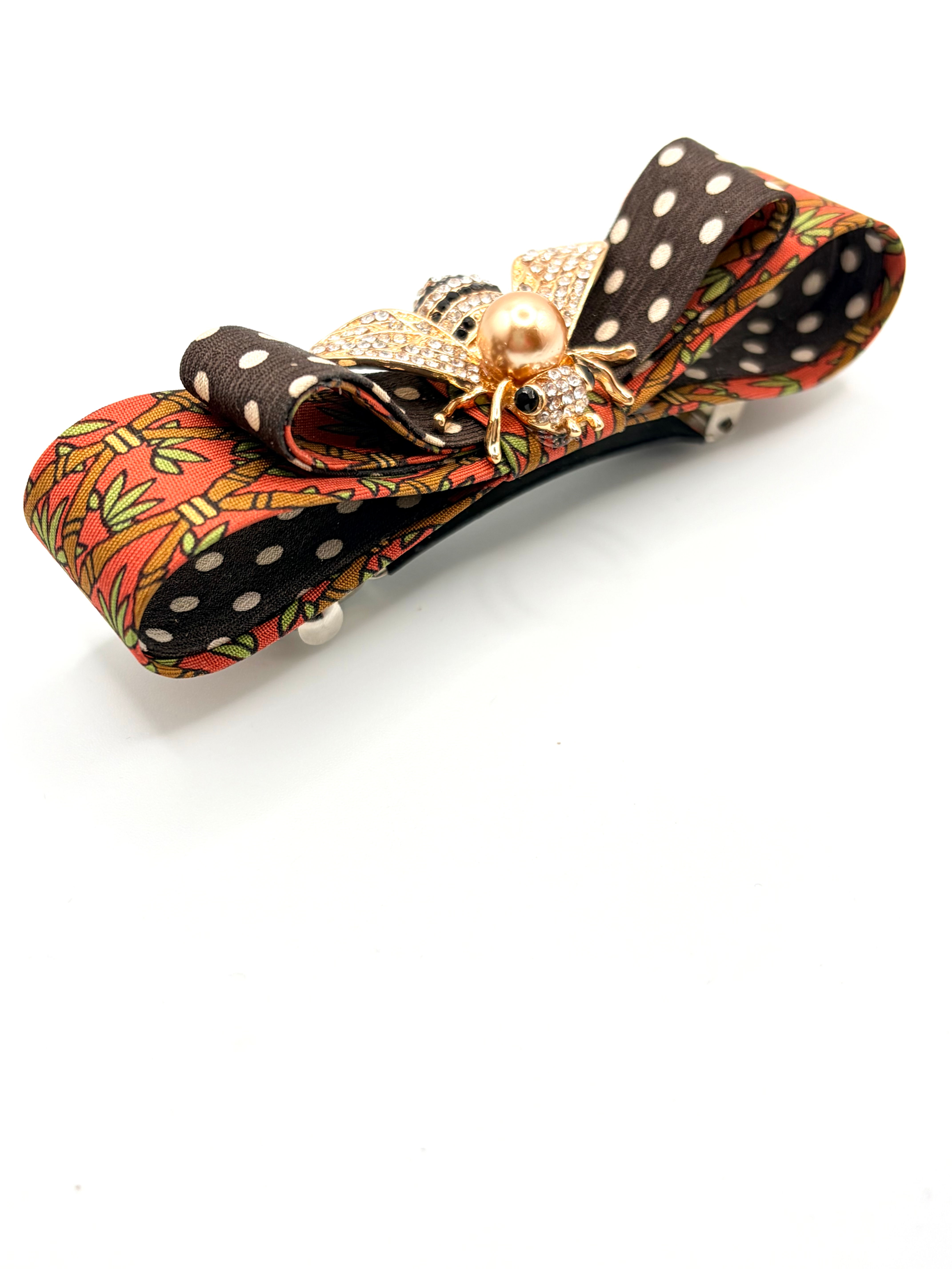 Bamboo print hairclip with bow from a vintage silk Hermes tie