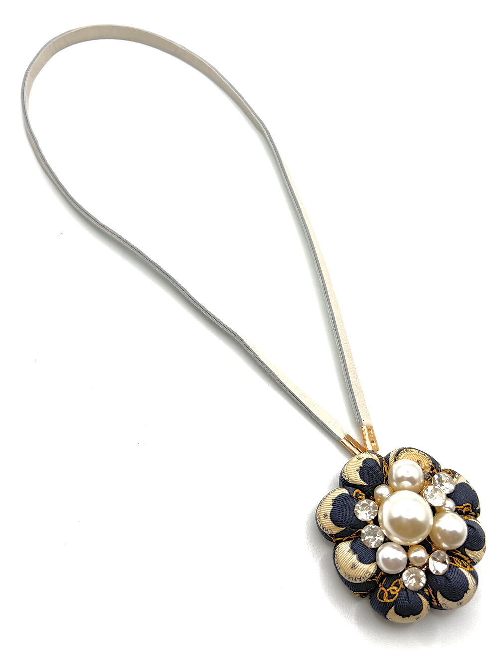Thumbnail: Navy moon & chain pearl cluster bag charm made from a vintage Chanel silk tie