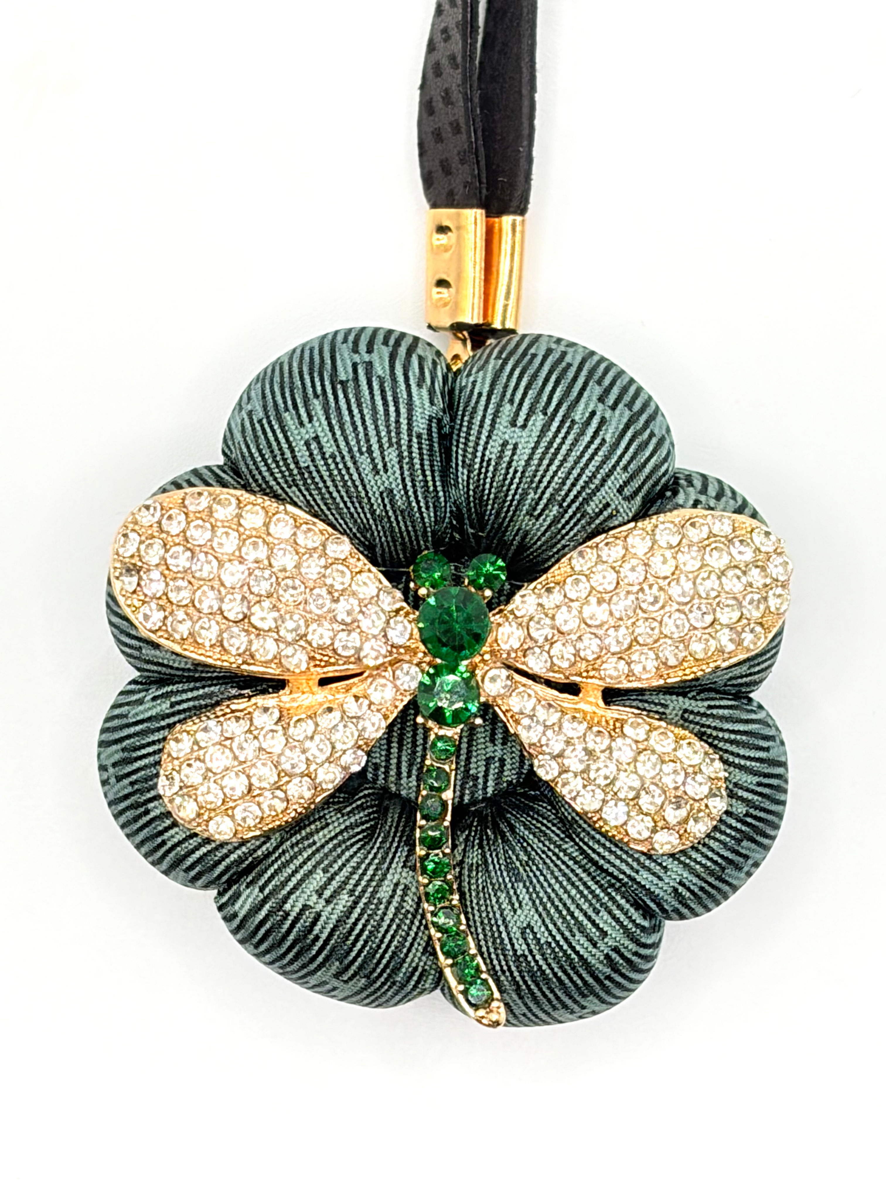 Dark green H logo dragonfly bag charm made from a vintage Hermes silk tie