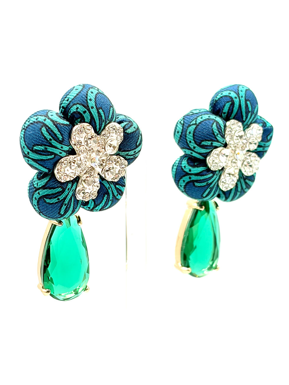Thumbnail: Green horse shoe earrings with jewel drops made from a vintage Gucci silk tie