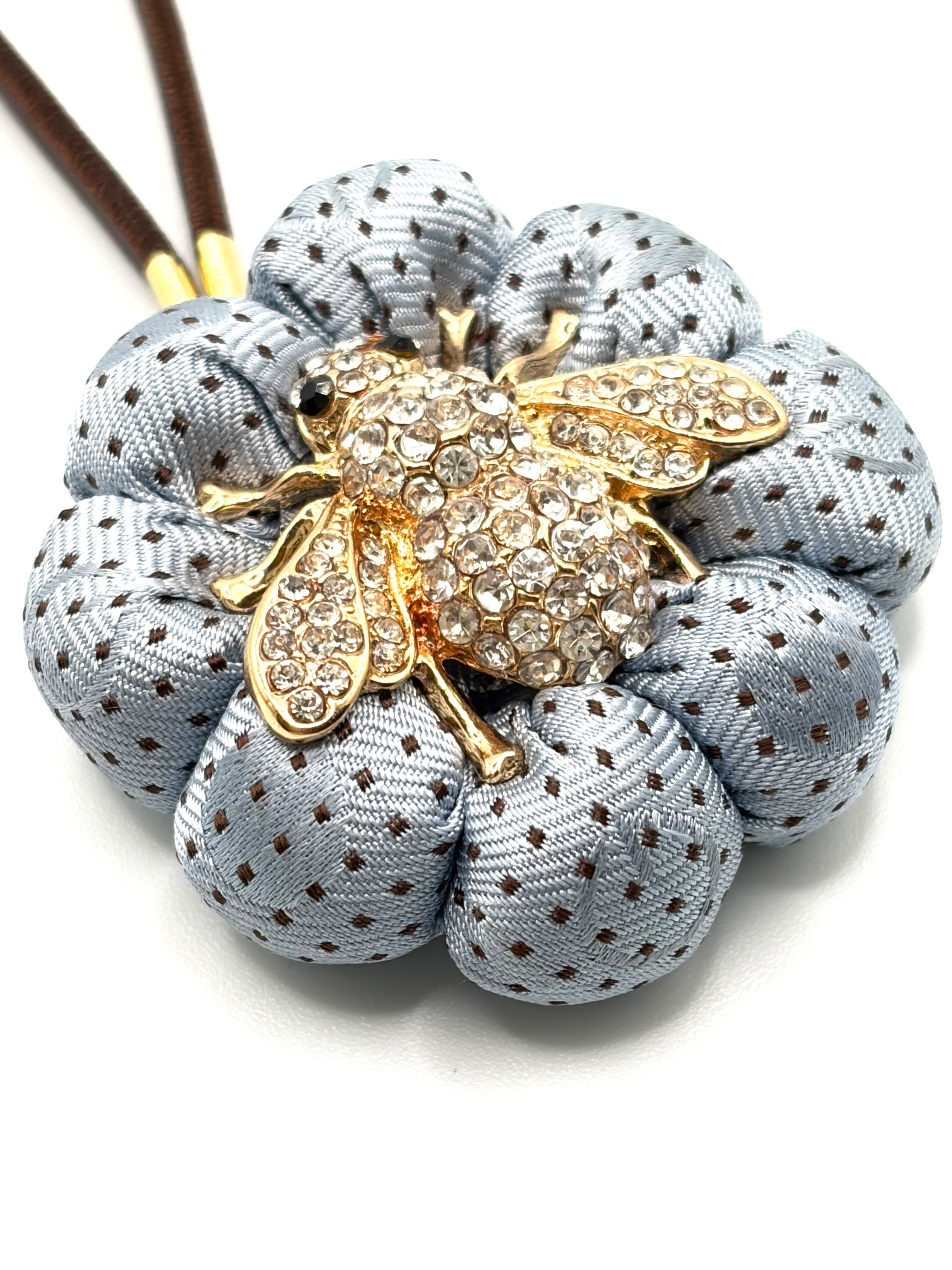 Blue & brown polka dot GG logo bee bag charm made from a vintage Gucci silk tie