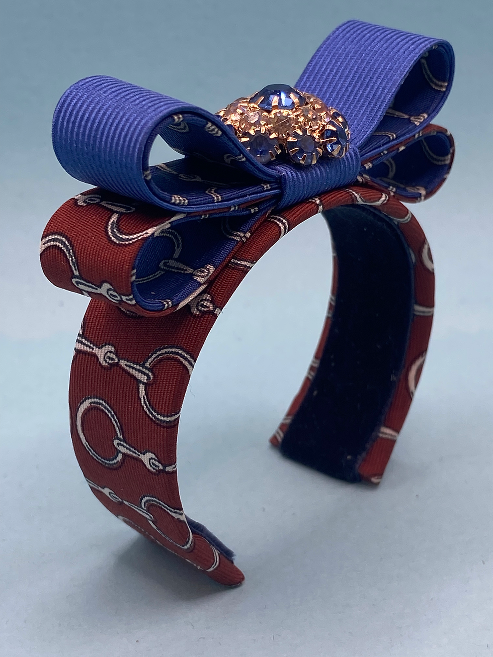Blue and bronze horse bit print and rhinestone cuff made from Hermes silk tie