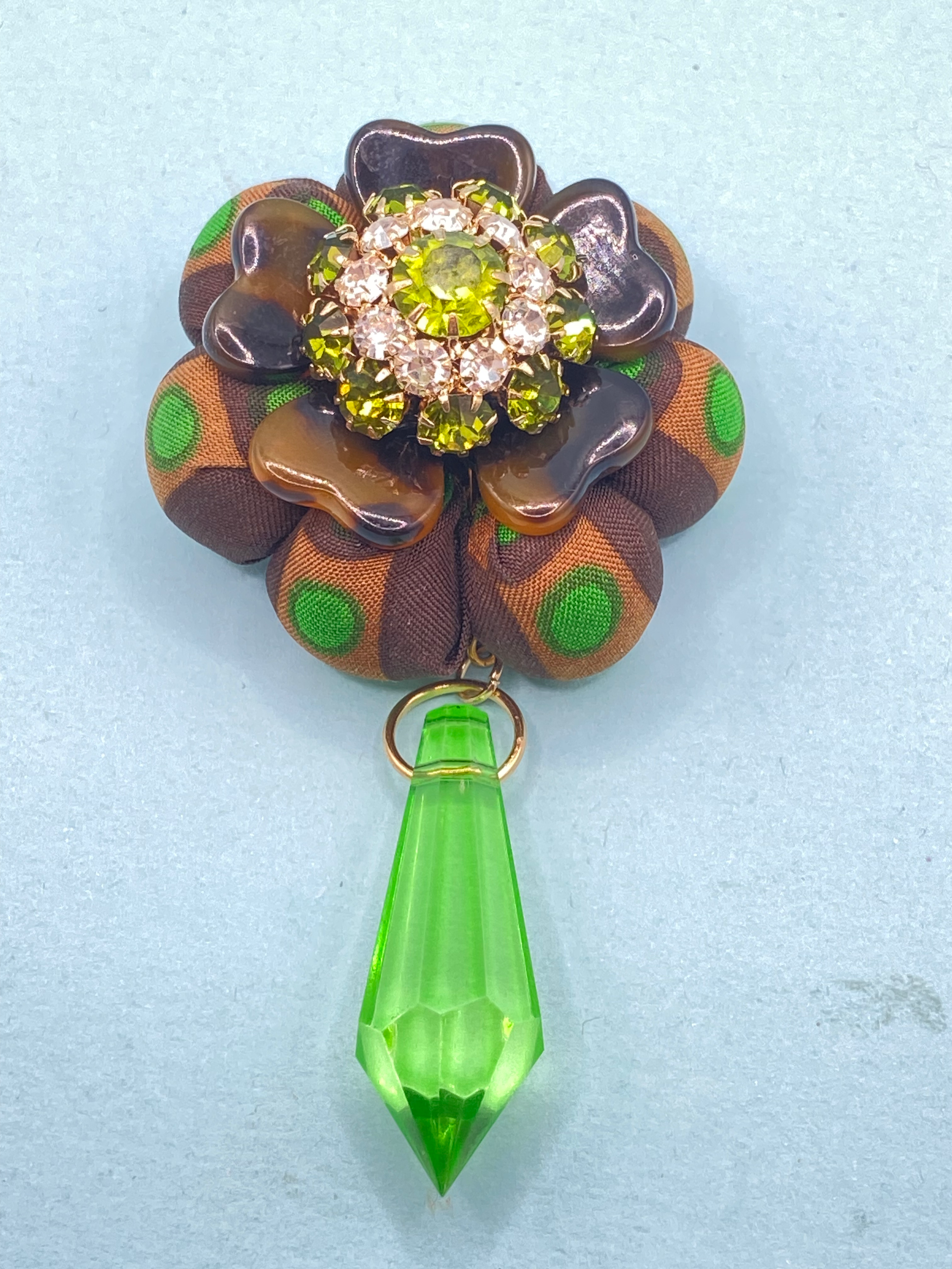 Caramel and green rosette brooch made from a vintage Dior silk tie