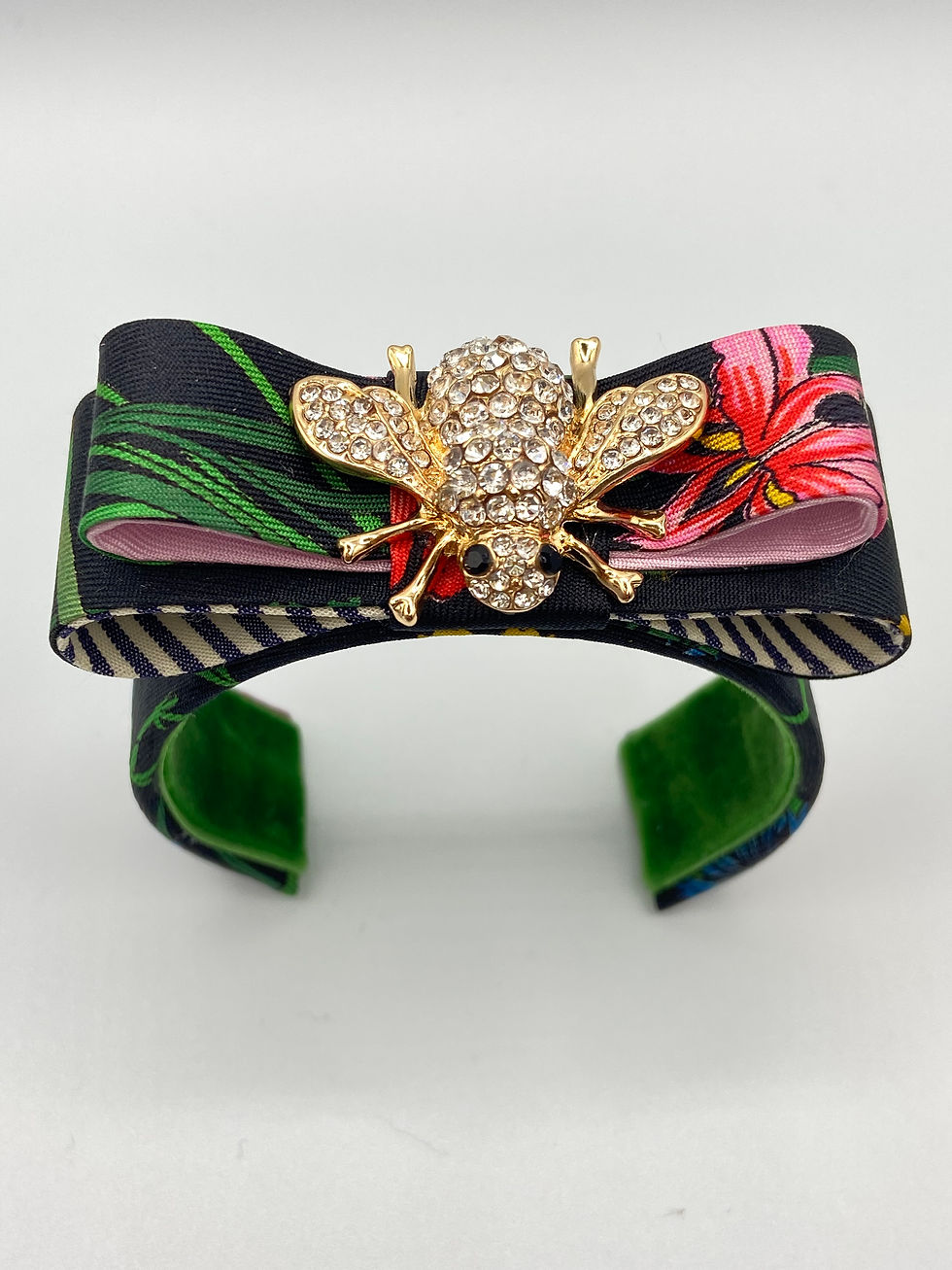 Thumbnail: Black & pink botanical print cuff made from a vintage Gucci Flora silk tie
