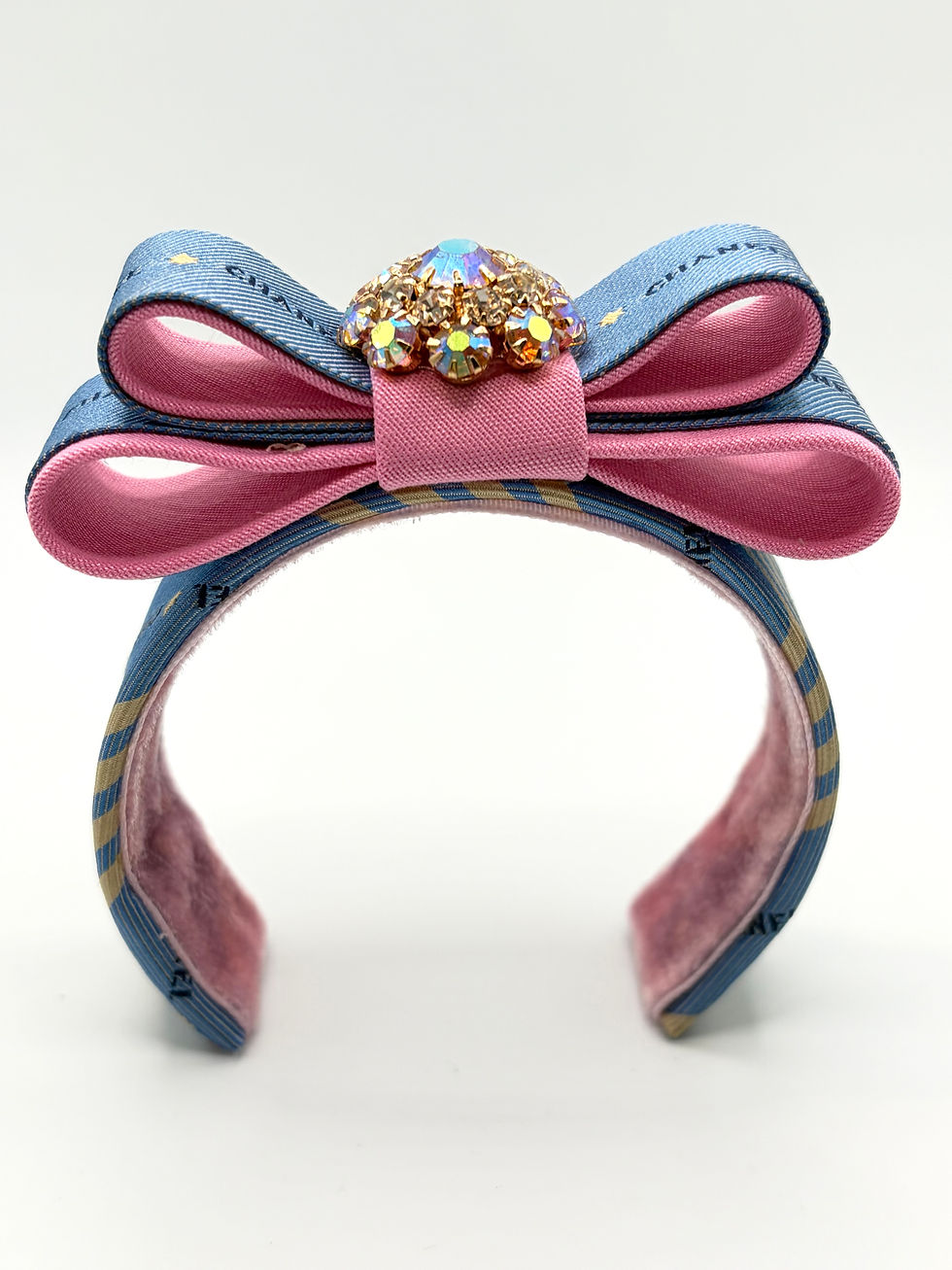 Thumbnail: Blue & pink stripe Chanel logo & rhinestone cuff made from a vintage Chanel tie