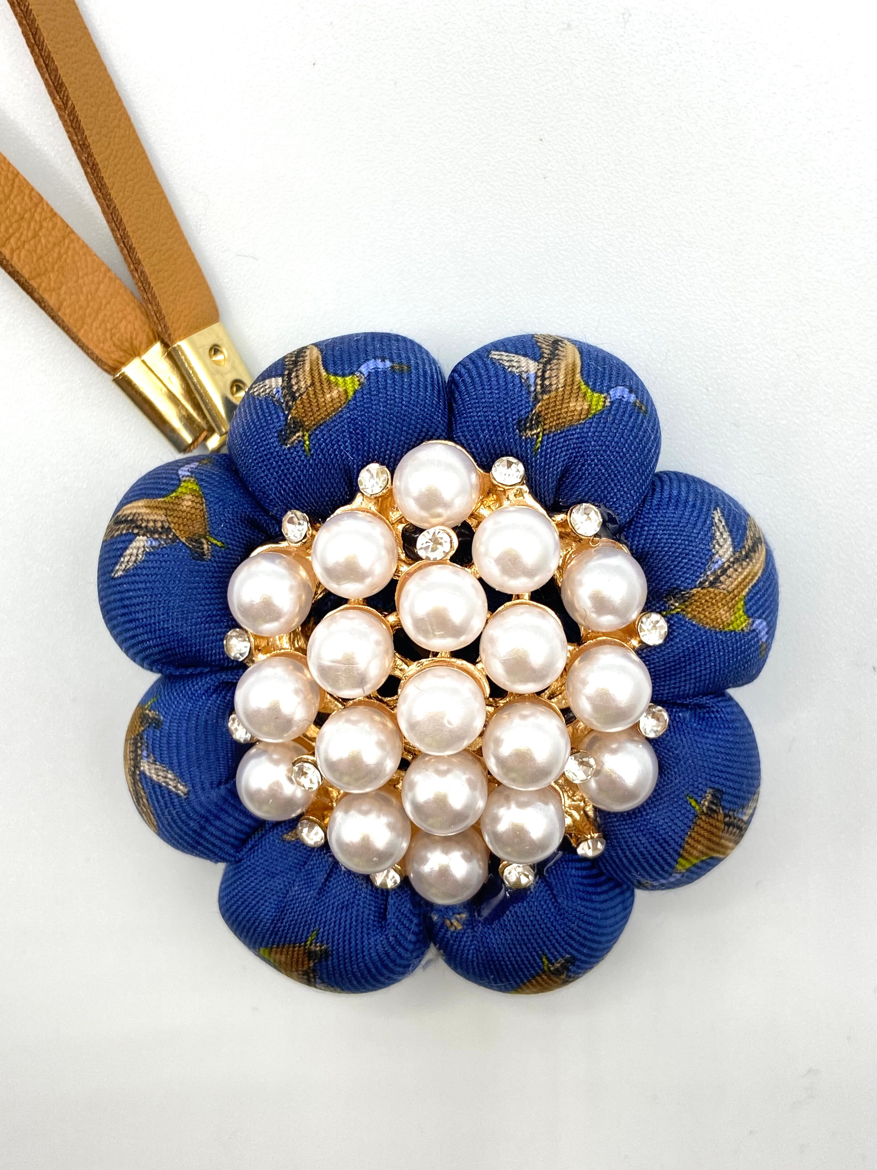 Royal blue duck print & pearl bag charm made from vintage Ferragamo silk tie