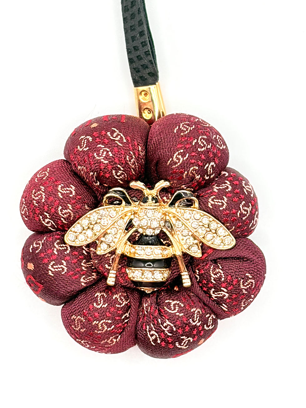 Thumbnail: Burgundy CC logo print ladybug bag charm made from a vintage Chanel silk tie