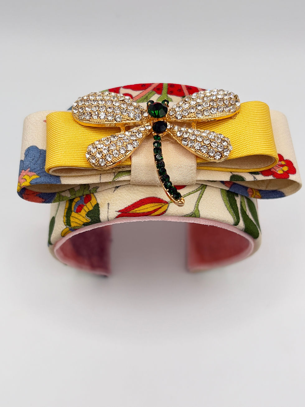 Thumbnail: Cream & yellow botanical print cuff made from a vintage Gucci Flora silk tie