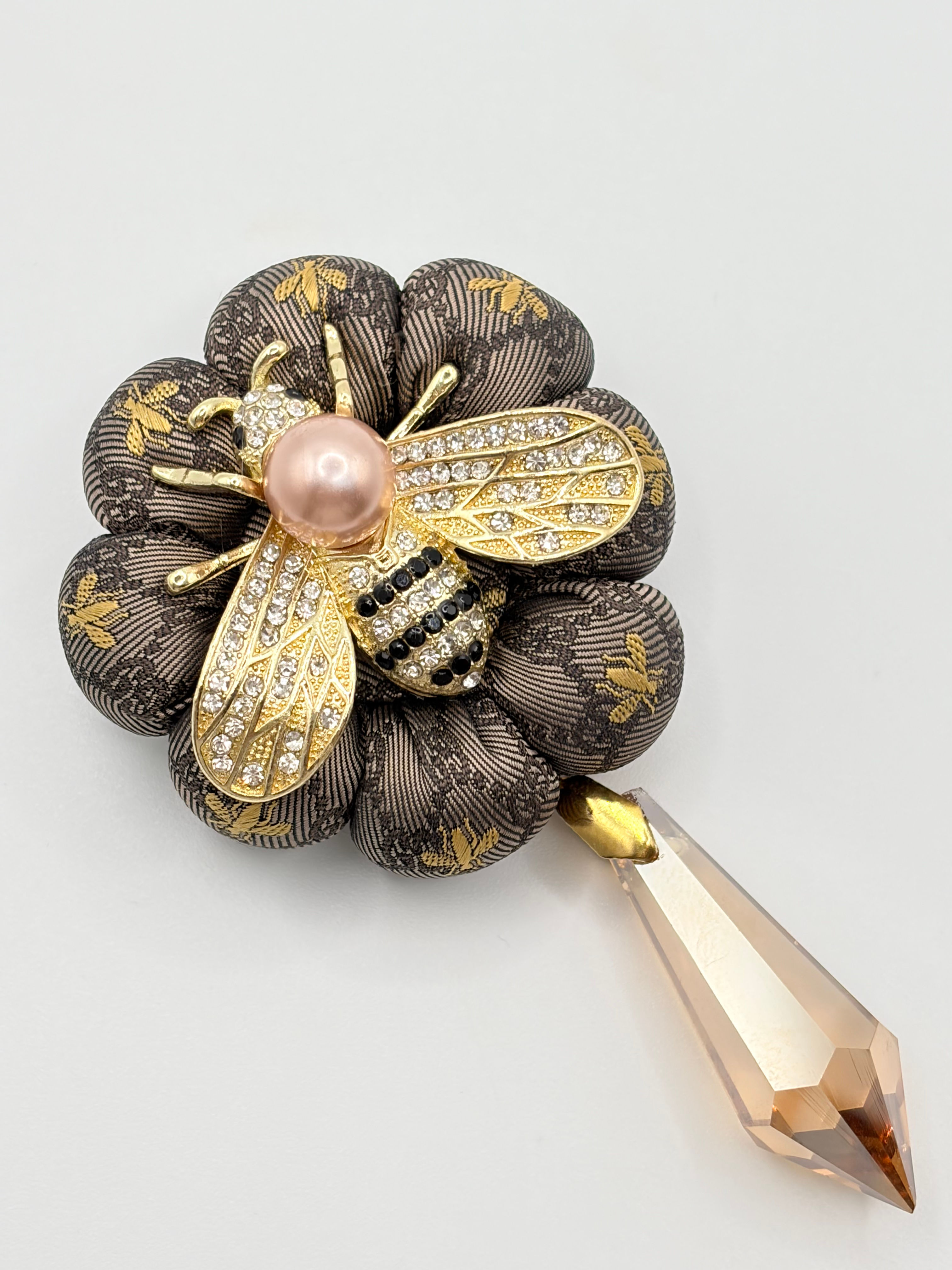 Coffee GG logo bee print rosette brooch made from a vintage Gucci silk tie