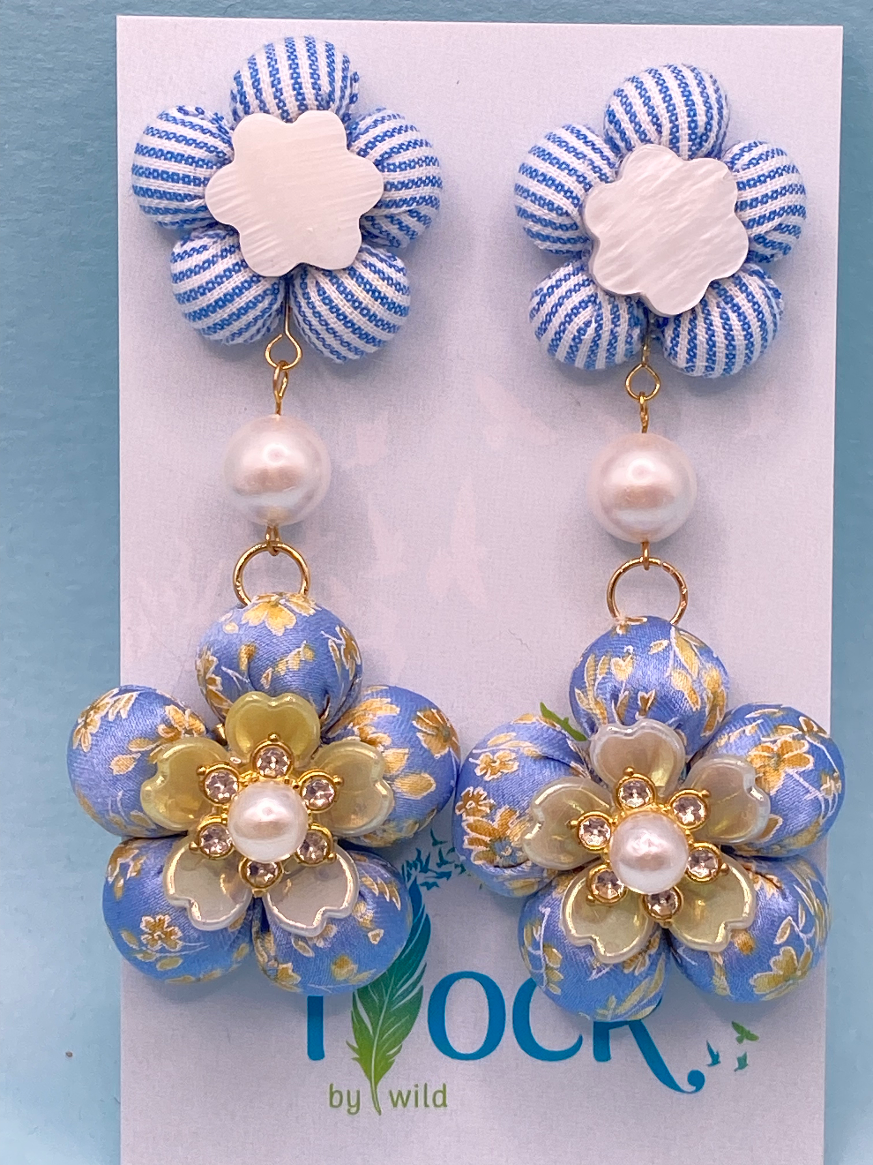 Blue & yellow floral silk chandelier earrings made from vintage Borelli tie