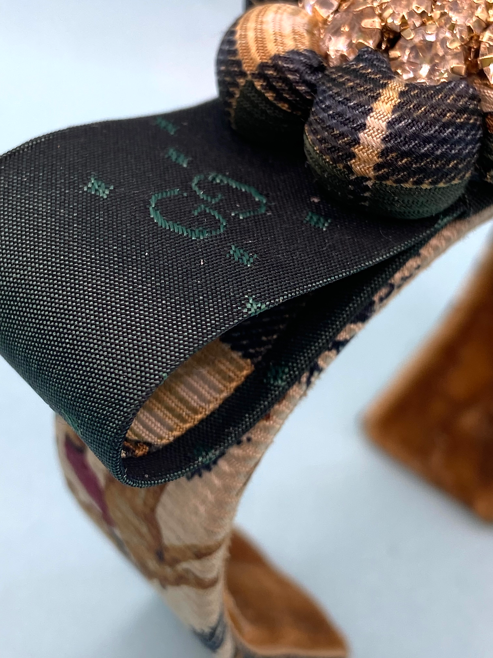 Thumbnail: Green plaid horses cuff with rosettemade from vintage silk Gucci & Burberry ties