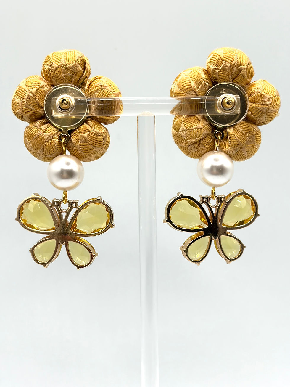 Thumbnail: Yellow glass butterfly drop earrings made from vintage Chanel silk tie