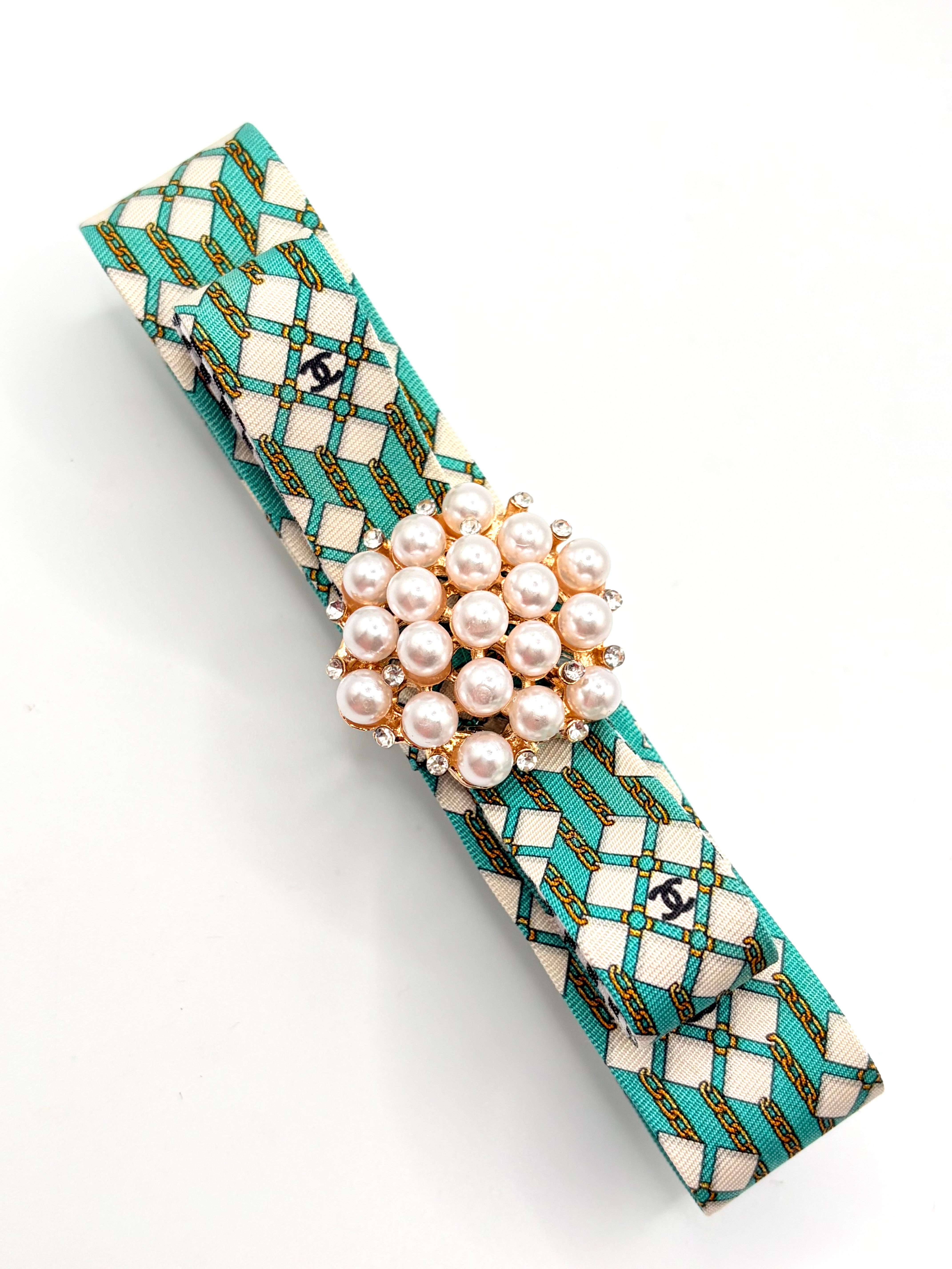Green diamond & chain print large hair clip made from vintage silk Chanel tie