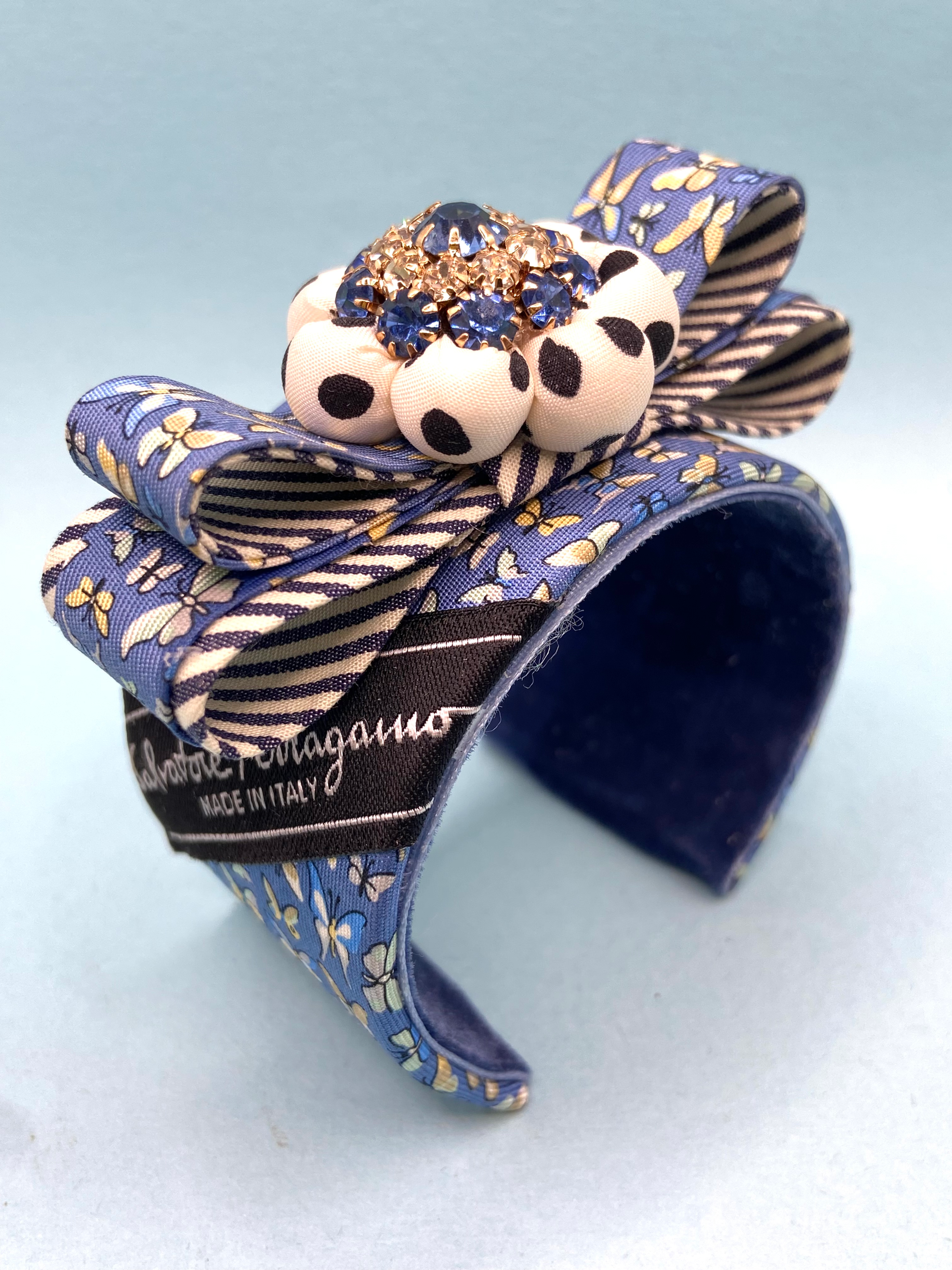 Blue butterfly print cuff with polka dots made from a vintage Ferragamo silk tie