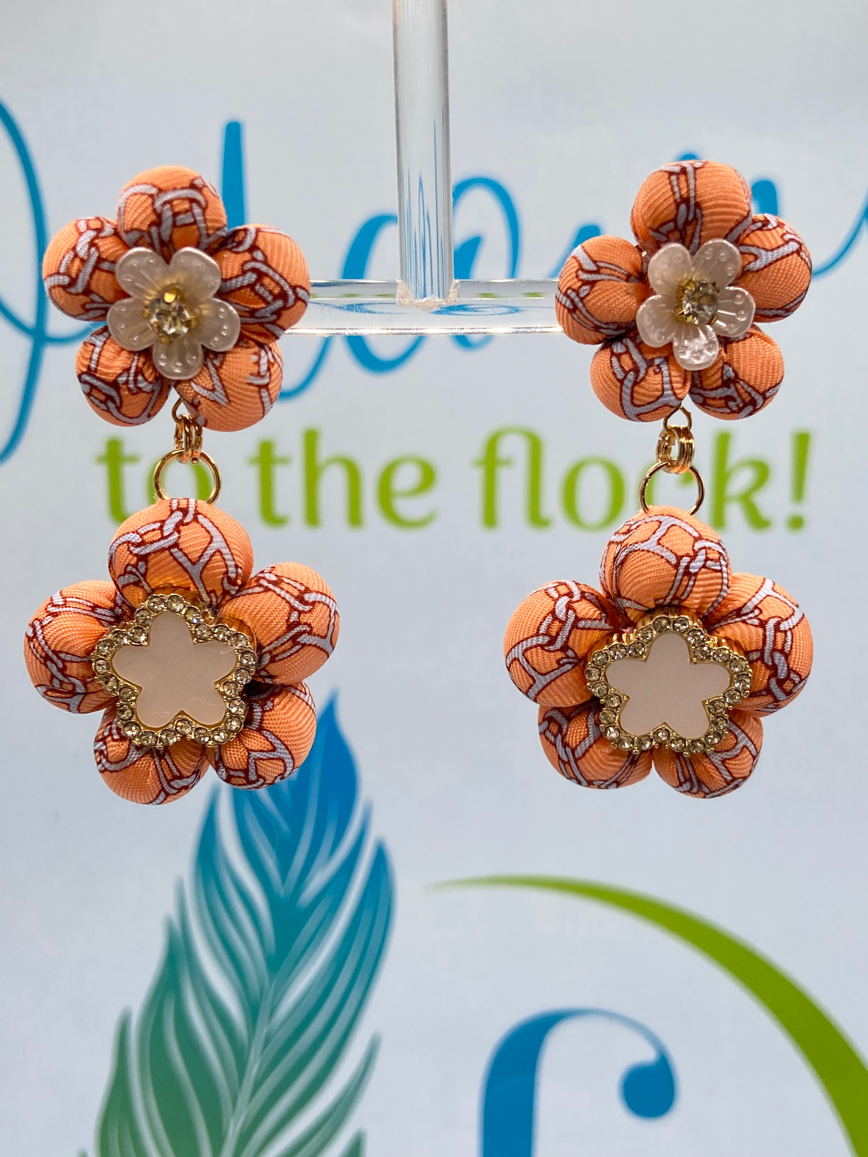 Chain print orange chandelier earrings made from a vintage Belmondo silk tie
