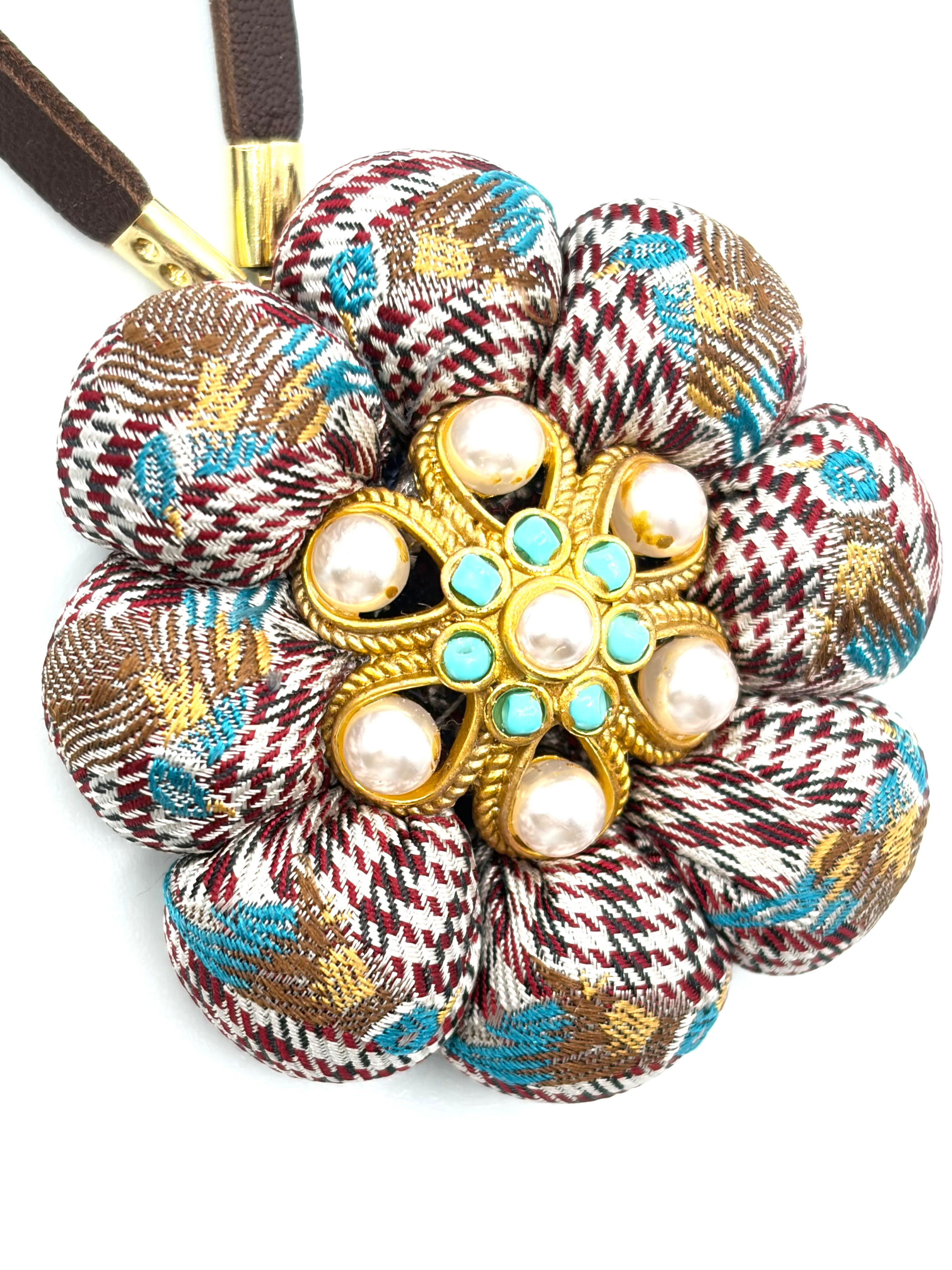 Duck & houndstooth weave pearl bag charm made from a vintage R Lauren silk tie