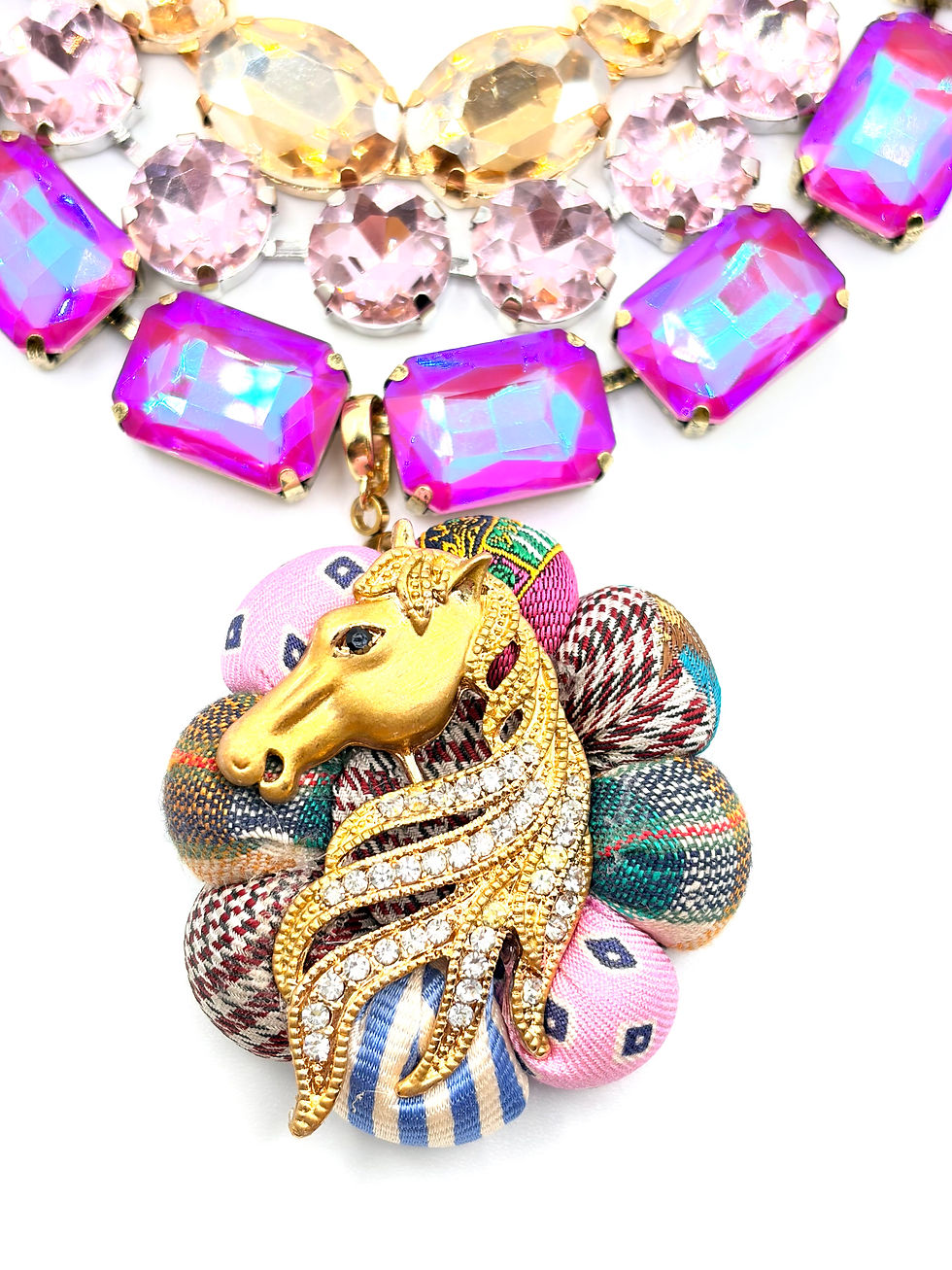 Thumbnail: Pink Polo patchwork jewel necklace made from vintage Ralph Lauren silk ties