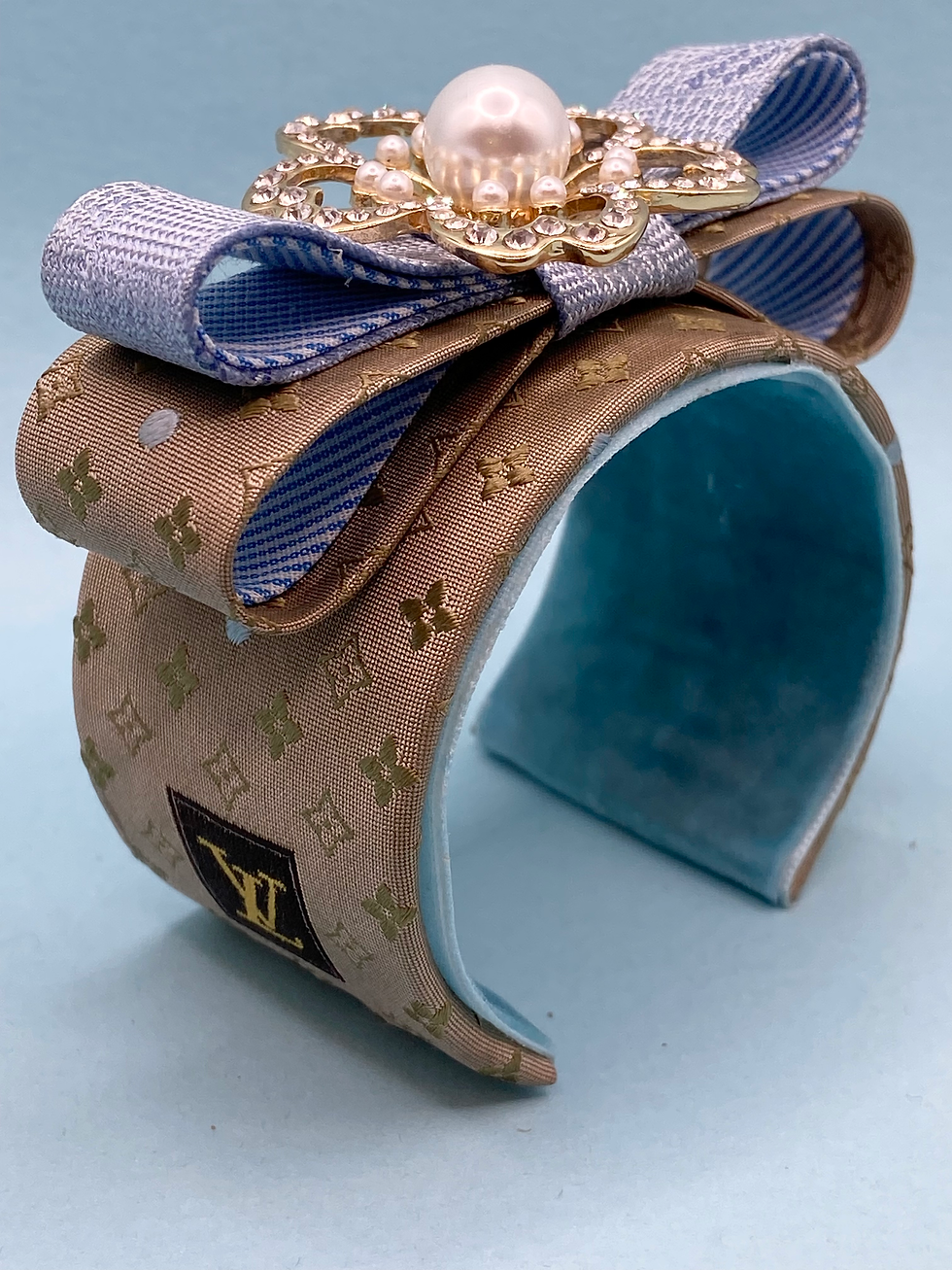 LV logo cuff with diamanté flower made from vintage Louis Vuitton silk ties