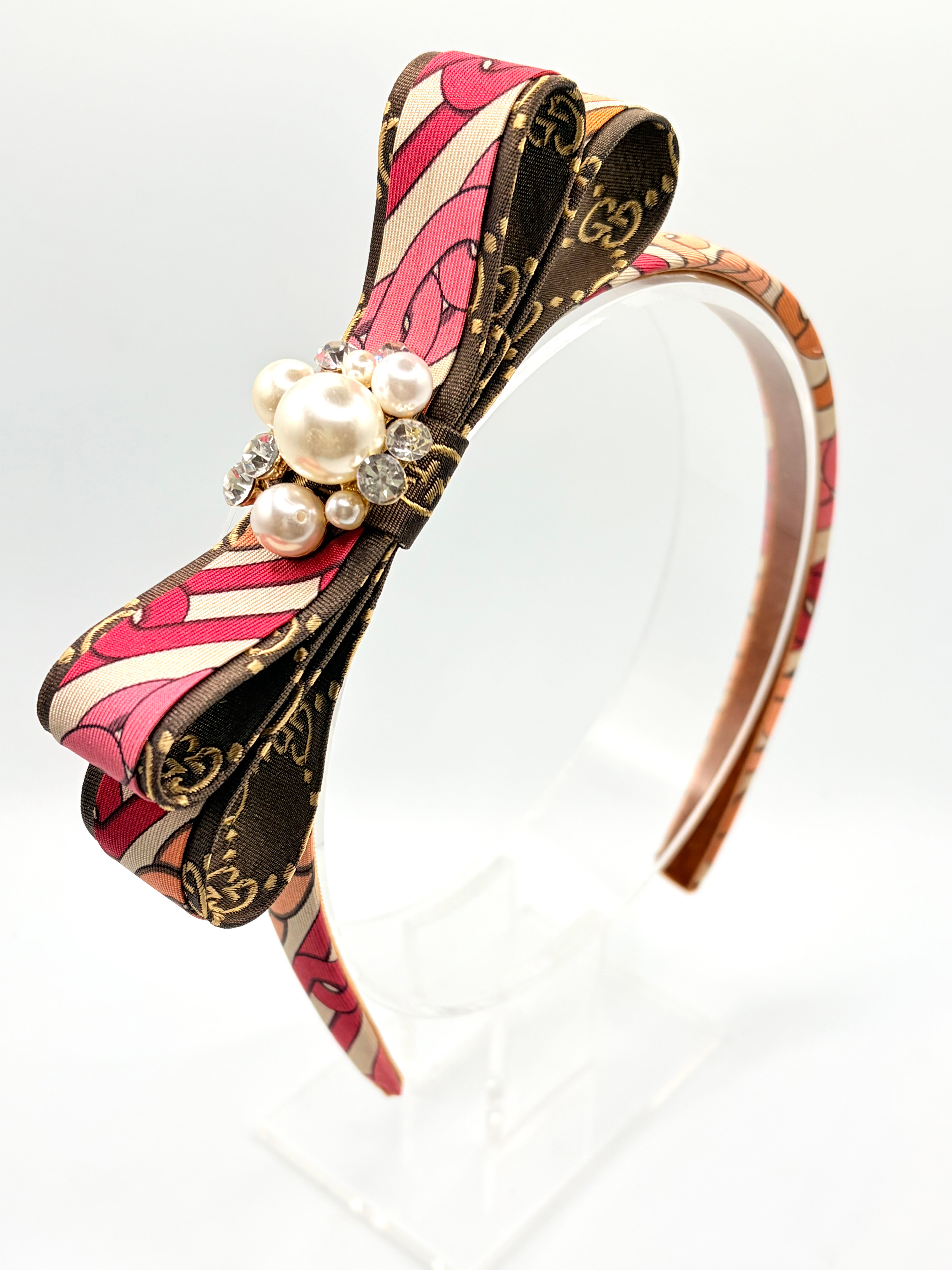 Pink chain print headband with pearls made from two vintage Gucci silk ties