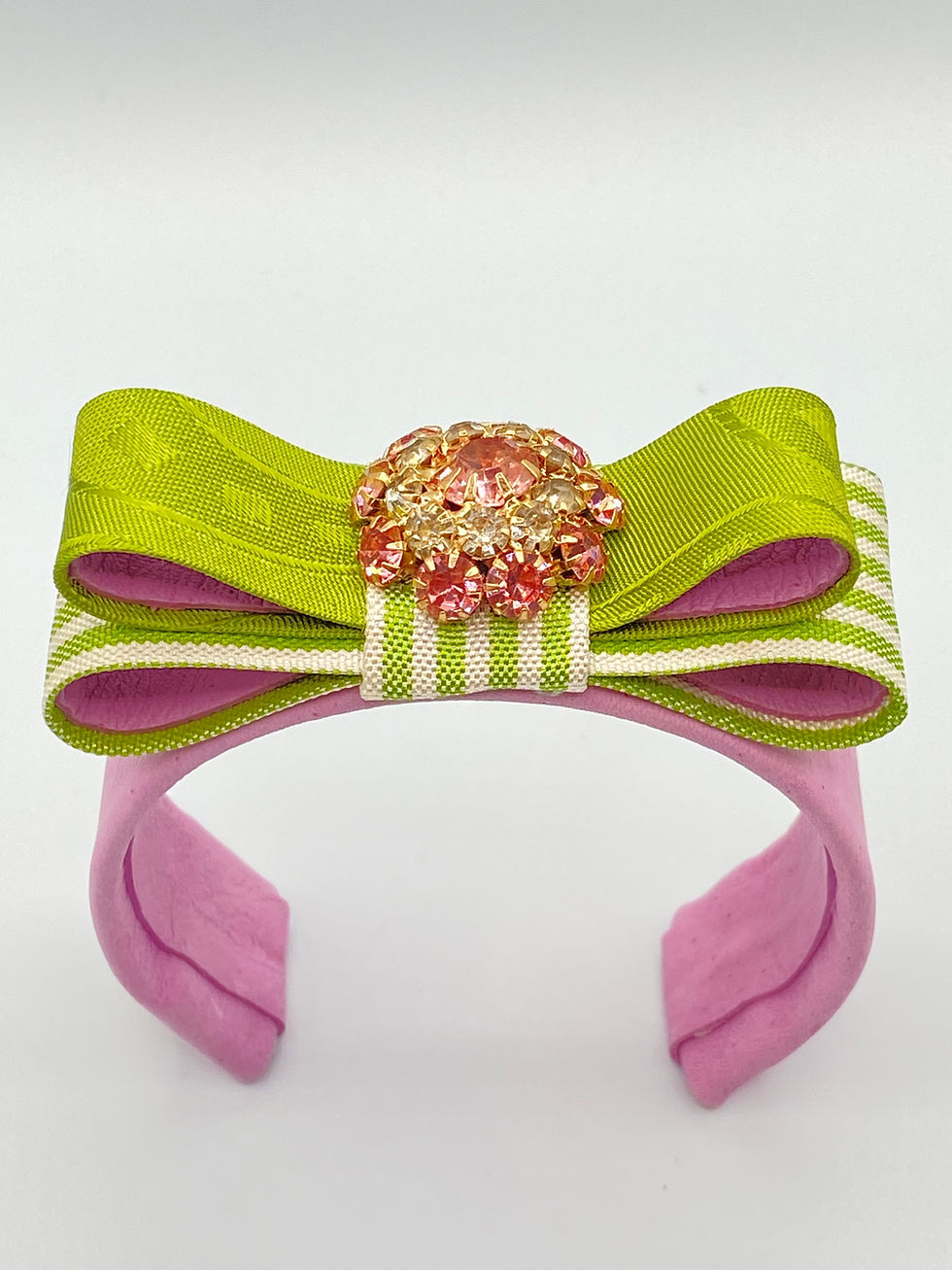 Thumbnail: Lime & pink stripe print leather cuff  made from a vintage Gucci silk tie