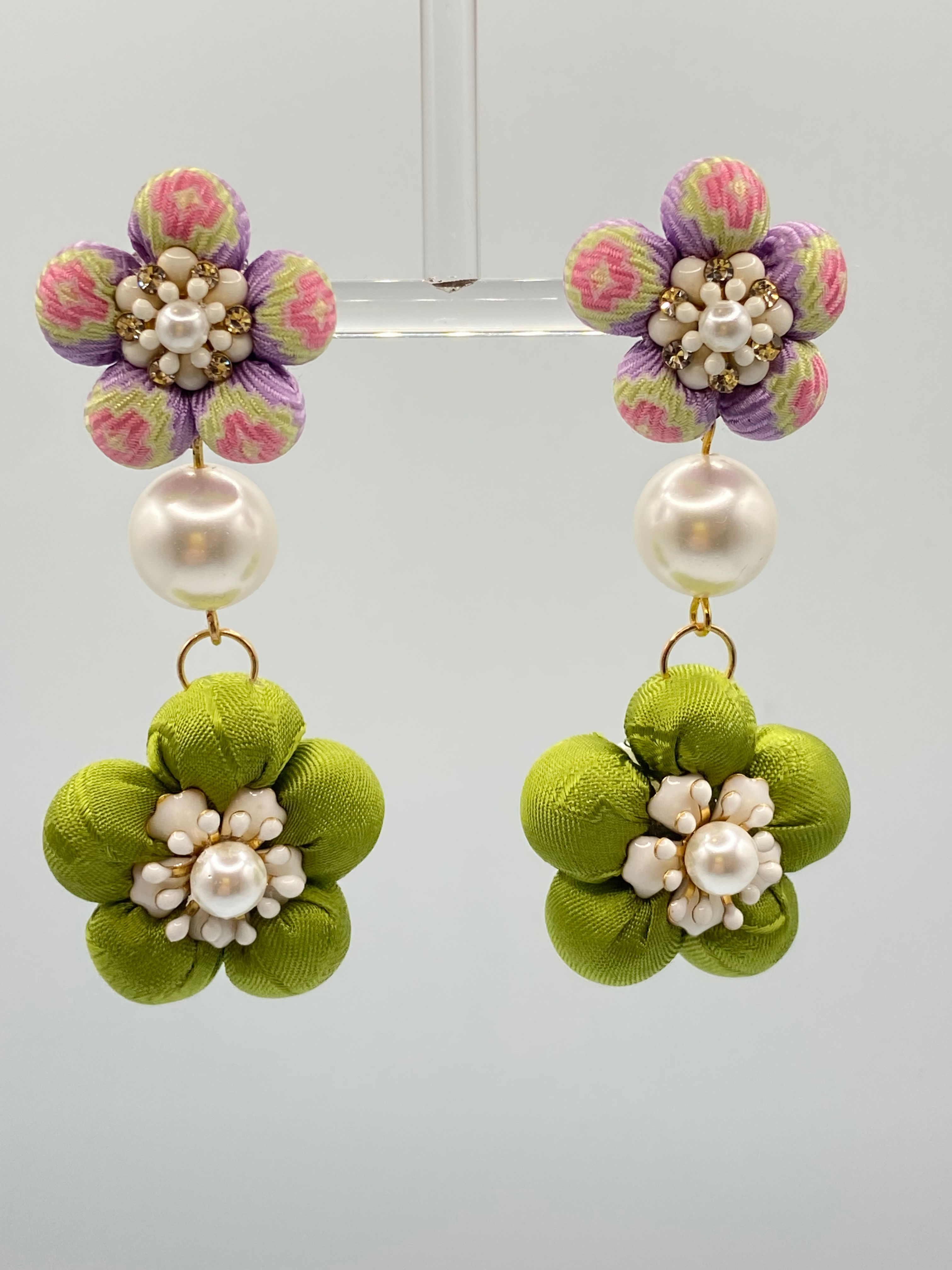 Lime green and pink chandelier earrings made from a vintage Gucci silk tie