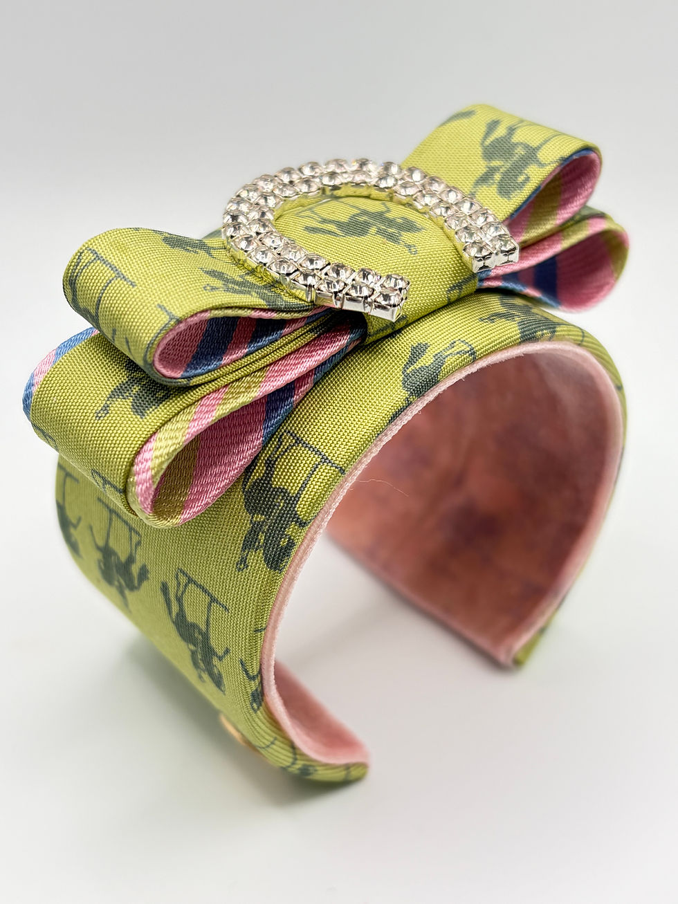 Thumbnail: Pink & green equestrian cuff with horse shoe made from vintage silk Hermes tie